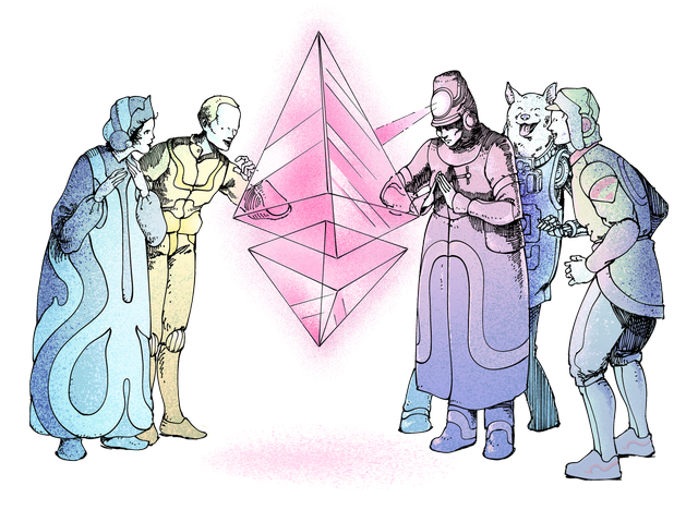 Illustration of a group of people marvelling at an ether (ETH) glyph in awe.