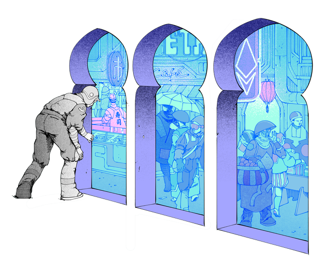 Illustration of a person peering into a bazaar, meant to represent Ethereum.