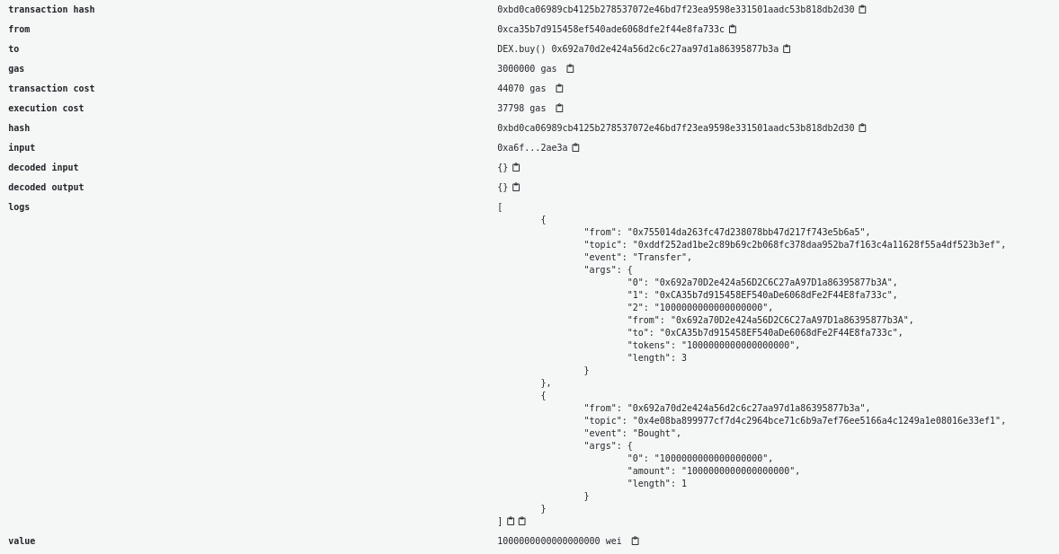 交易中的两个事件:Transfer和Bought